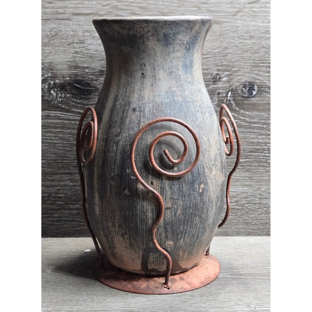 Vintage Ceramic Vase Copper Metal Spiral Wire Stand Rustic Southwestern Decor
